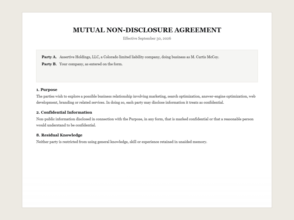 Page one of the mutual non-disclosure agreement you receive when you sign an NDA with M. Curtis McCoy.