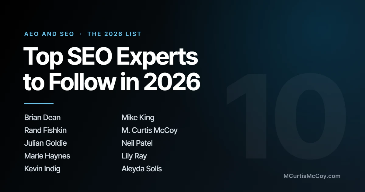 Top SEO experts to follow in 2026: Brian Dean, Rand Fishkin, Julian Goldie, Marie Haynes, Kevin Indig, Mike King, M. Curtis McCoy, Neil Patel, Lily Ray and Aleyda Solís